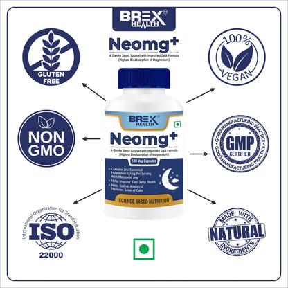 Brexhealth Neomg+ Highest Bioabsorption Of Magnesium Glycinate With Zinc, Valerian Root, Vitamin B6 & D3-120 Veg Capsules, Pack Of 1