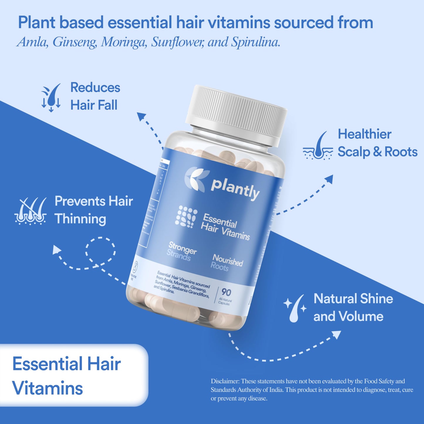 Women's Hair Vitamin Capsules for Hair Growth & Hair Fall Control | 90 Veg Capsules | 100% Plant Based With Biotin, Moringa, Amla, and Ginseng