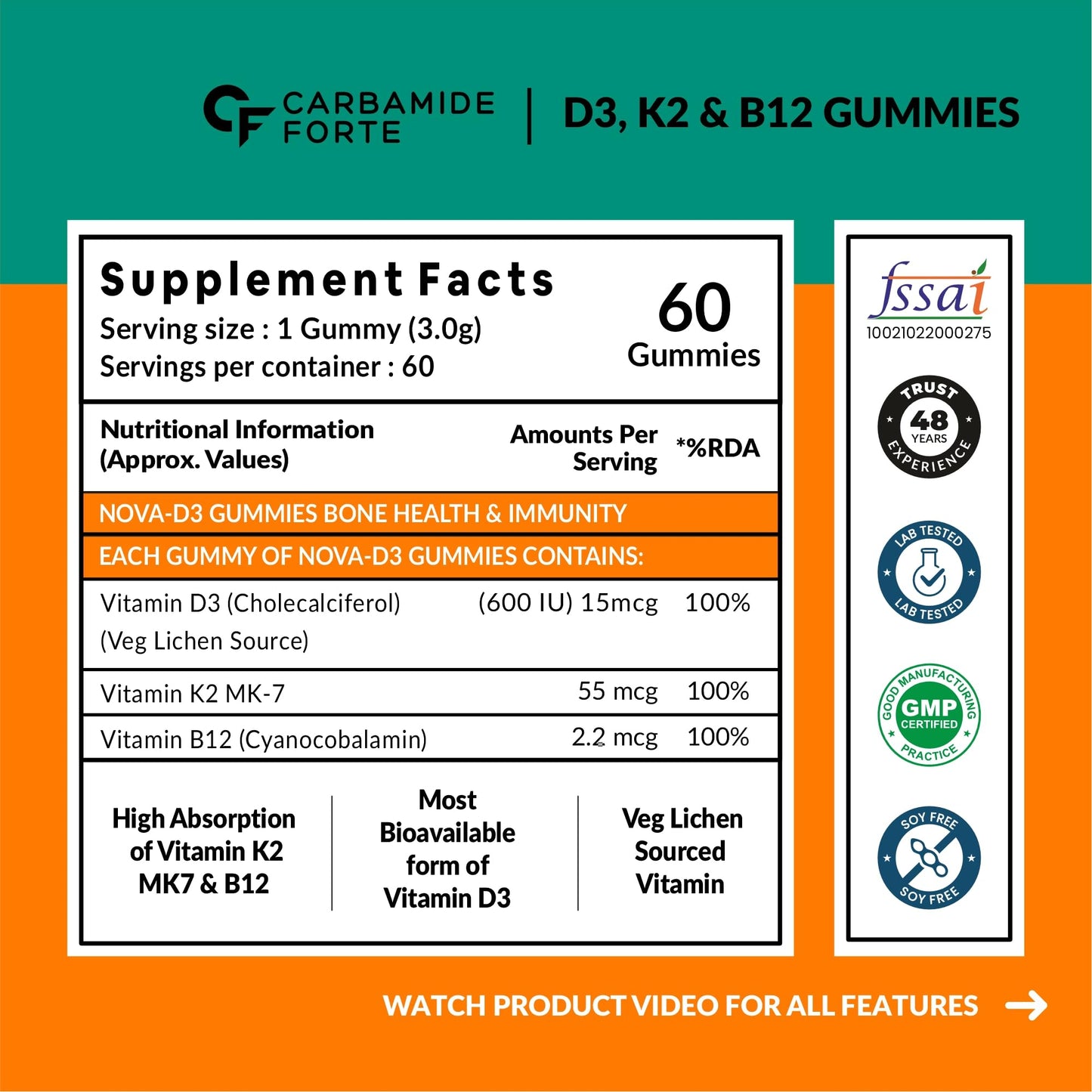 Carbamide Forte Vitamin D3 with Vitamin K2 MK7 & Vitamin B12 Gummies for Men, Women & Kids | Mango Flavoured - 60 Gummies