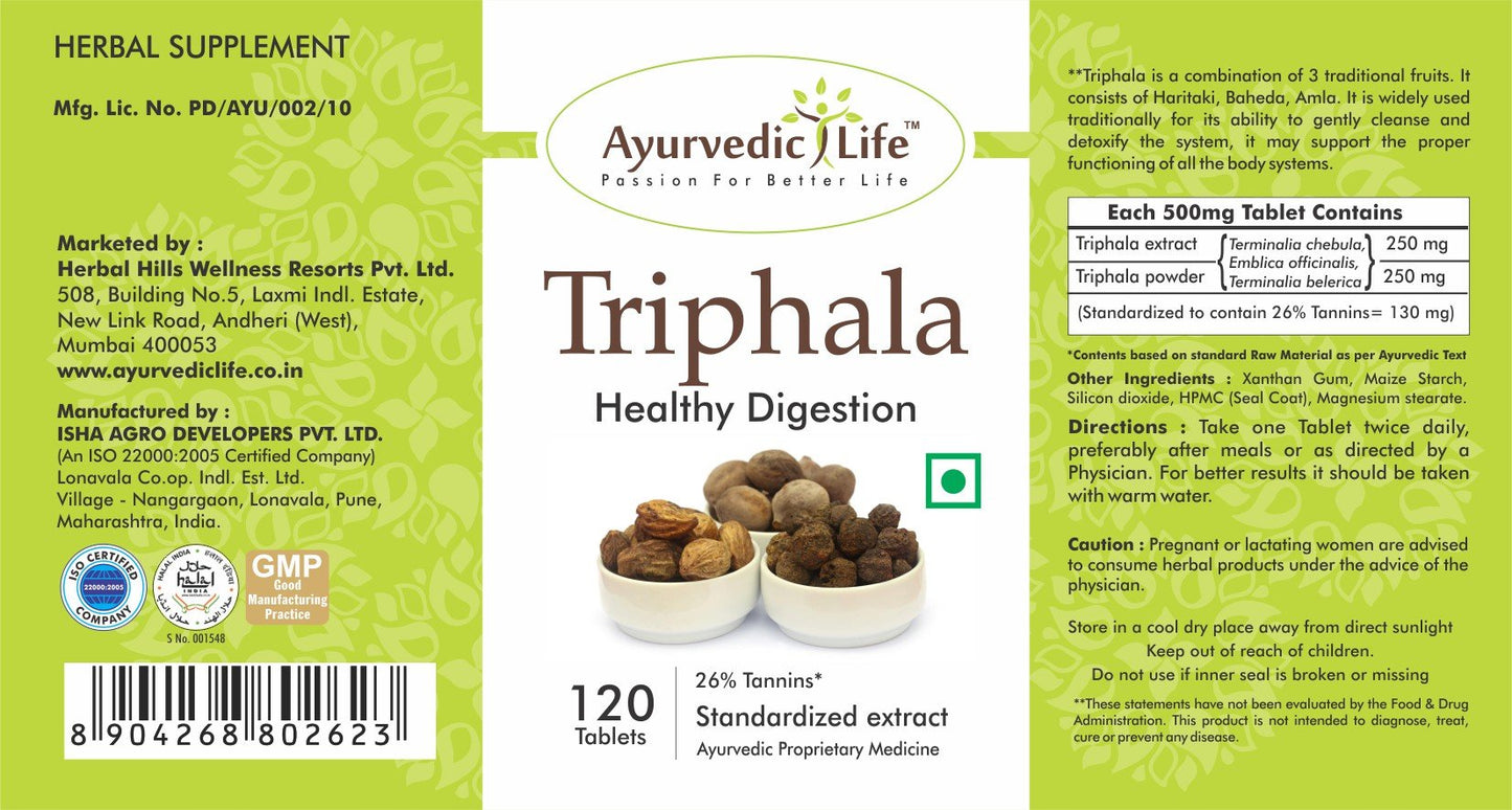 Ayurvedic Life Triphala Capsules 500mg Tablets, Natural, 120 count