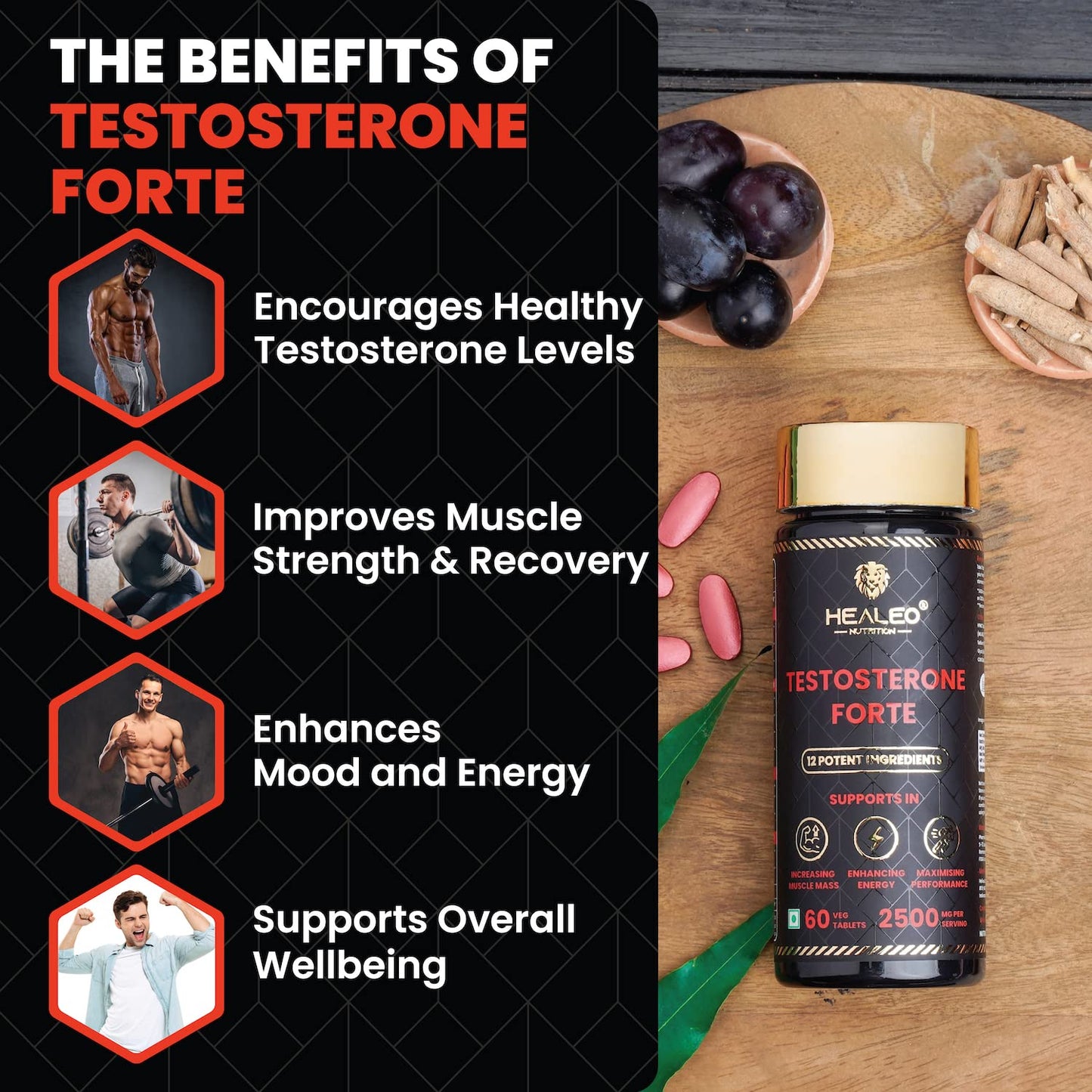 Healeo Testo Forte, 12-in-1 Testosterone Booster for Men with Tribulus, Safed Musli, Panax Ginseng, L-Arginine - Enhances Stamina, Muscle Strength & Power - Lab Tested - 60 Veg Tablets