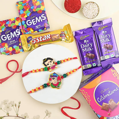 TIED RIBBONS Set of 2 Rakhi for Kids with Chocolates Gift Pack - Krishna and Ganesh Rakhi for Kids Boy with Celebrations Chocolates Greeting Card and Roli Chawal Tikka