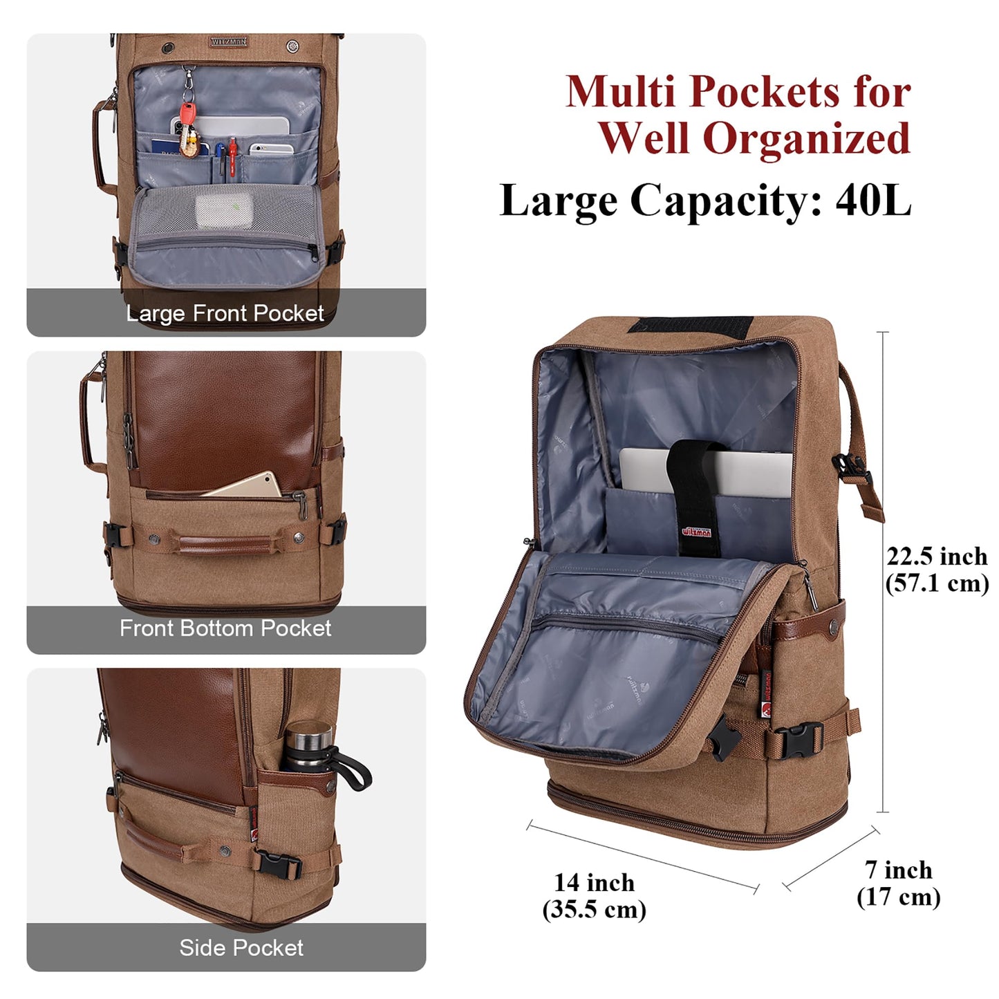 WITZMAN Travel Backpack for Men Carry on Luggage Backpack Large Man Canvas Rucksack with Shoe Compartment（A2021-2 Brown
