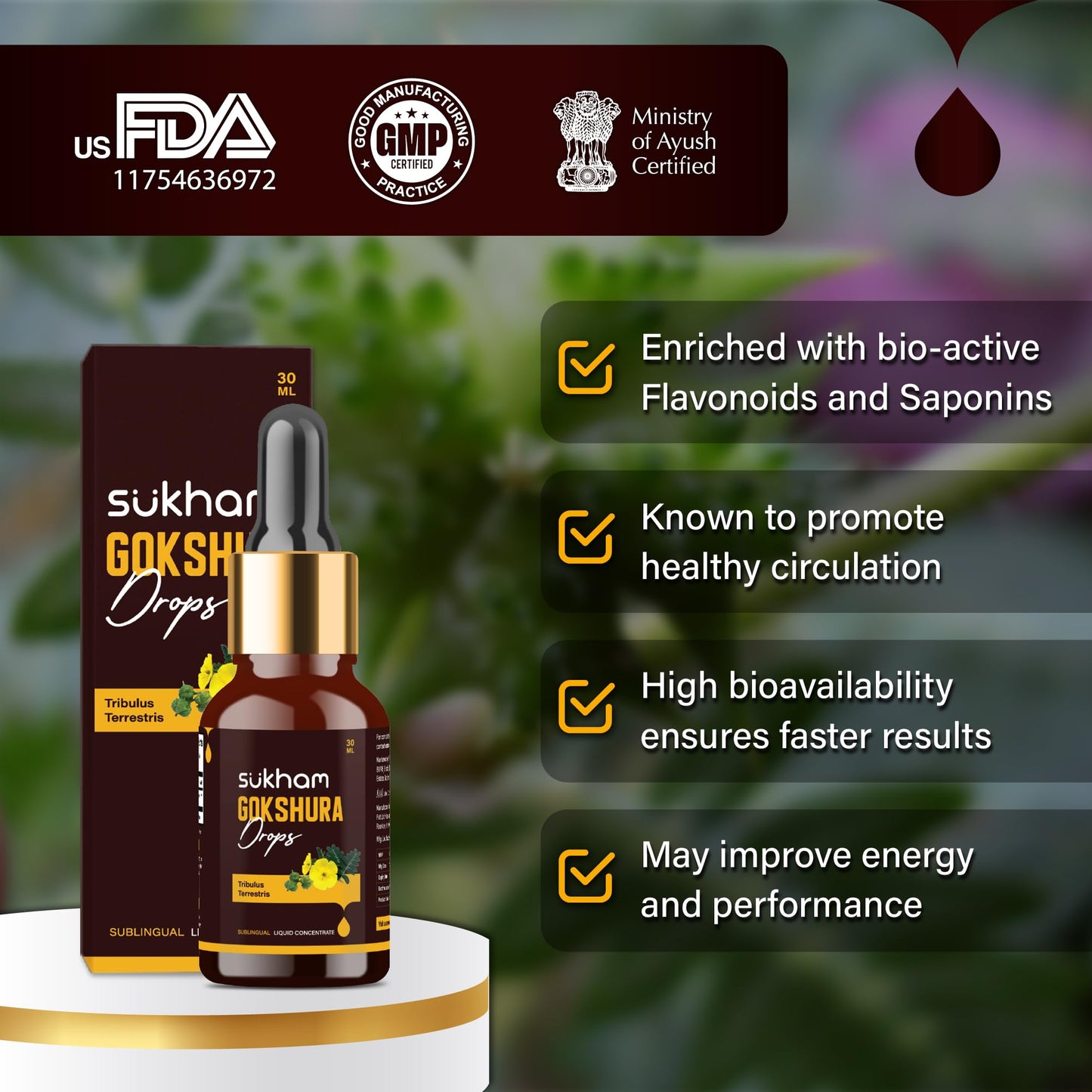 Sukham Gokshura Liquid Drops- TTT 120 Tribulus Terrestris | 3rd Party Lab Tested | For Recovery & Performance - 30ml (40 Servings) Enriched with Saponins & Flavonoids, Alcohol-Free Liquid Concentrate