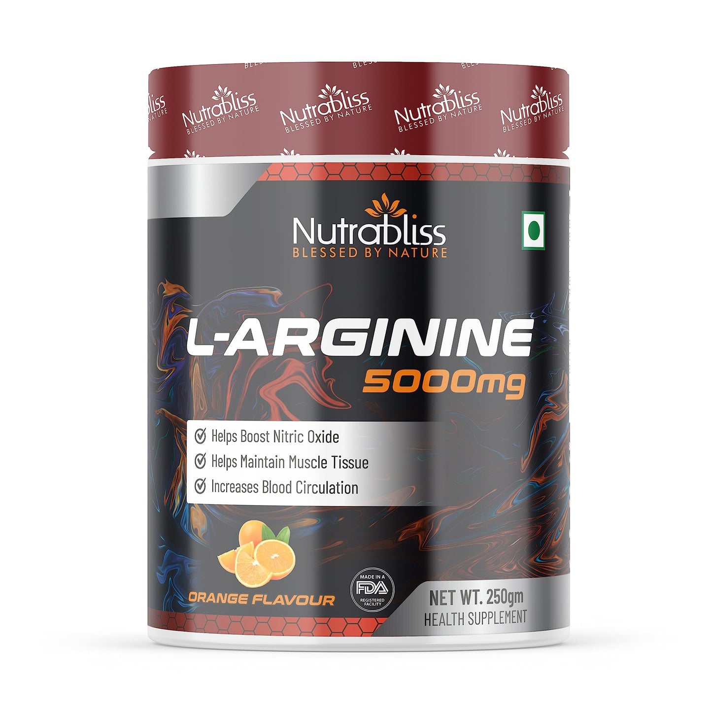 Nutrabliss L-Arginine 5000mg | Boost Nitric Oxide Levels, Enhance Muscle Recovery, Support Blood Circulation & Maintain Muscle Tissue, Amino Acid Supplement for Energy | 250 Gm Orange Flavor
