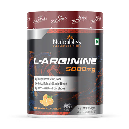 Nutrabliss L-Arginine 5000mg | Boost Nitric Oxide Levels, Enhance Muscle Recovery, Support Blood Circulation & Maintain Muscle Tissue, Amino Acid Supplement for Energy | 250 Gm Orange Flavor
