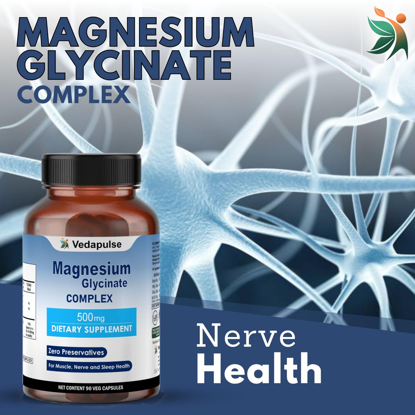 Vedapulse Magnesium 500mg – 90 Veg Capsules | Magnesium Glycinate, Malate, Taurate, Citrate & Aspartate | Dietary Supplement for Muscle, Nerve & Sleep Health