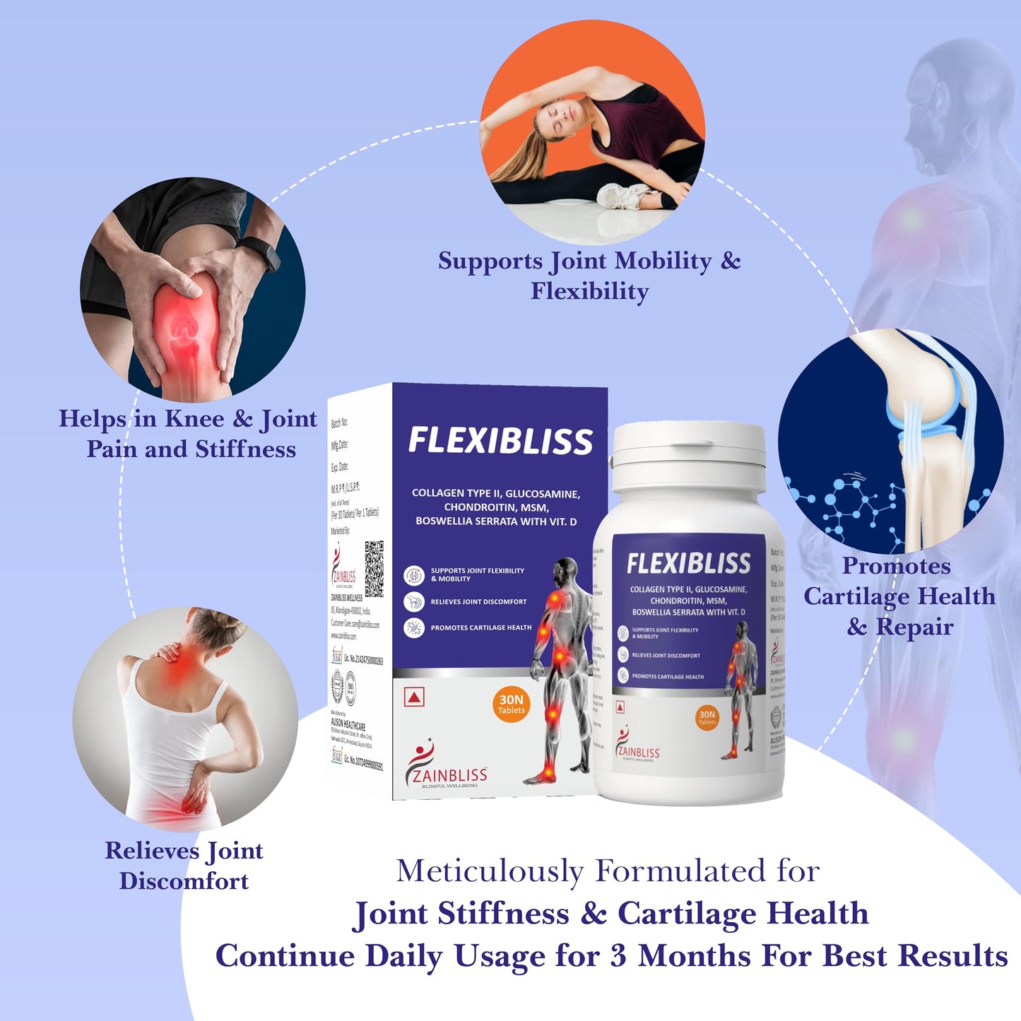 Zainbliss Flexibliss | Joint & Cartilage Support Tablets with Collagen Type-II, Glucosamine, Chondroitin, MSM, Boswellia Serrata | Promotes Joint Flexibility, Mobility & Strength | 30 Tablets Pack |