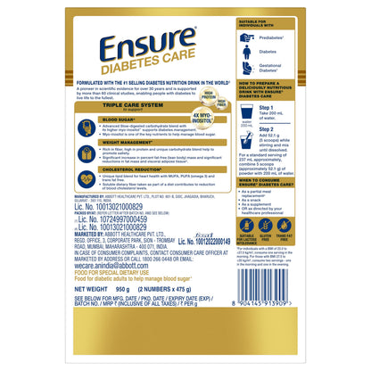 Ensure Diabetes Care Wheat 950gm |Support Blood Sugar, Weight Management, Cholestrol Reduction |High Protein, High Fibre, 4 Myo-inositol |Zero Added Sucrose