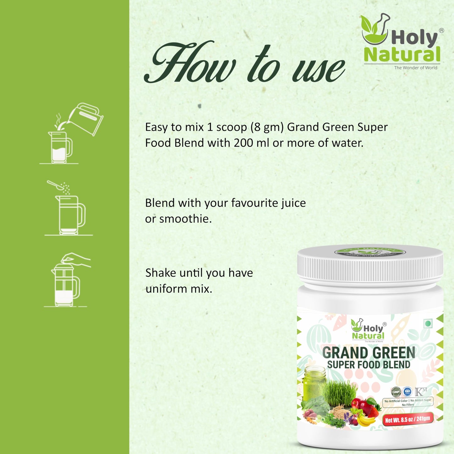 Grand Green Super Food Blend – 241 gm I 30 Serving I Rich in Vitamin C & E I Immunity & Energy Booster I Fat Burner I Supper Nutrients Blend of Herbal, Fruit & Vegetable