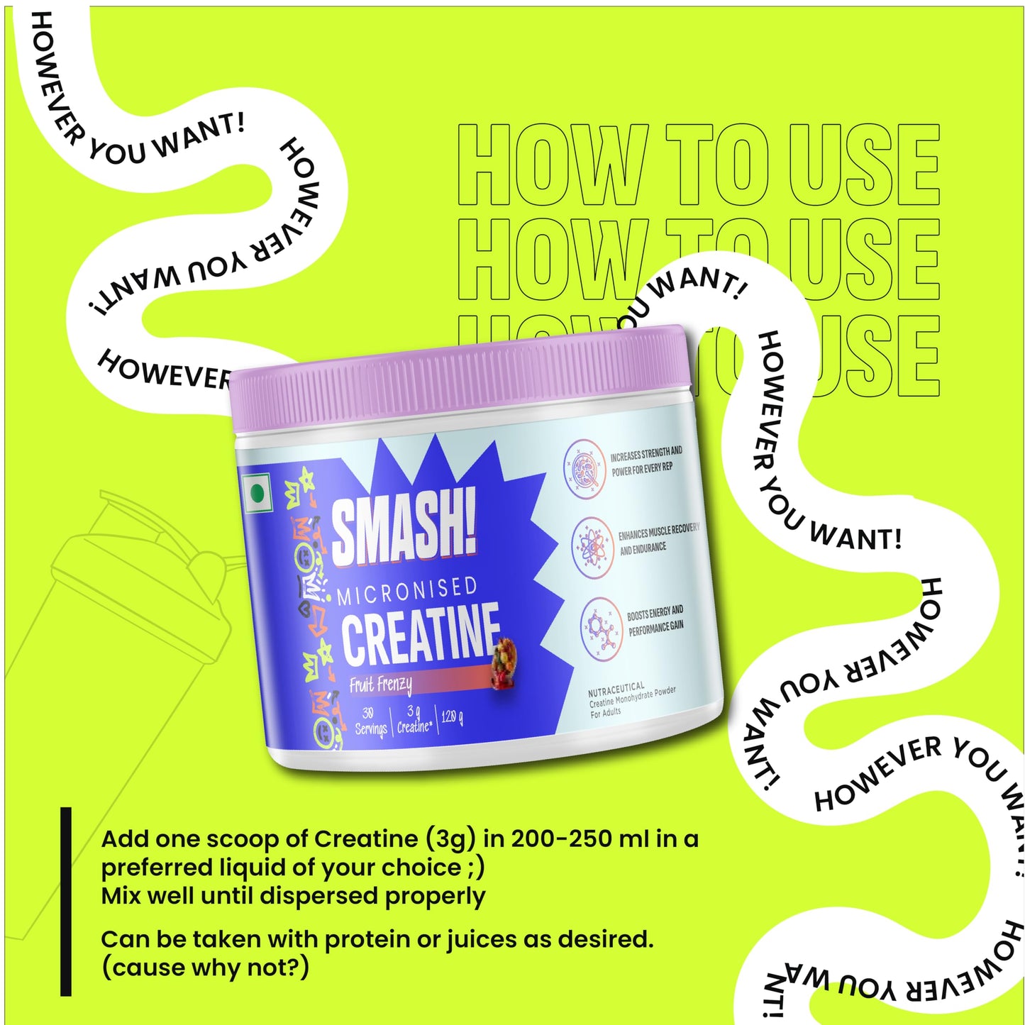 SMASH Micronised Creatine Monohydrate Powder, Fruit Frenzy (30 Servings, 120g)