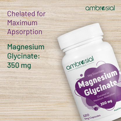 Ambrosial Magnesium Glycinate 350mg | High Absorption Magnesium Supplement for Enhanced Muscle and Nerve Function | Promotes Optimal Bone Health | Tiredness and Fatigue (Pack of 1-120 Capsules)