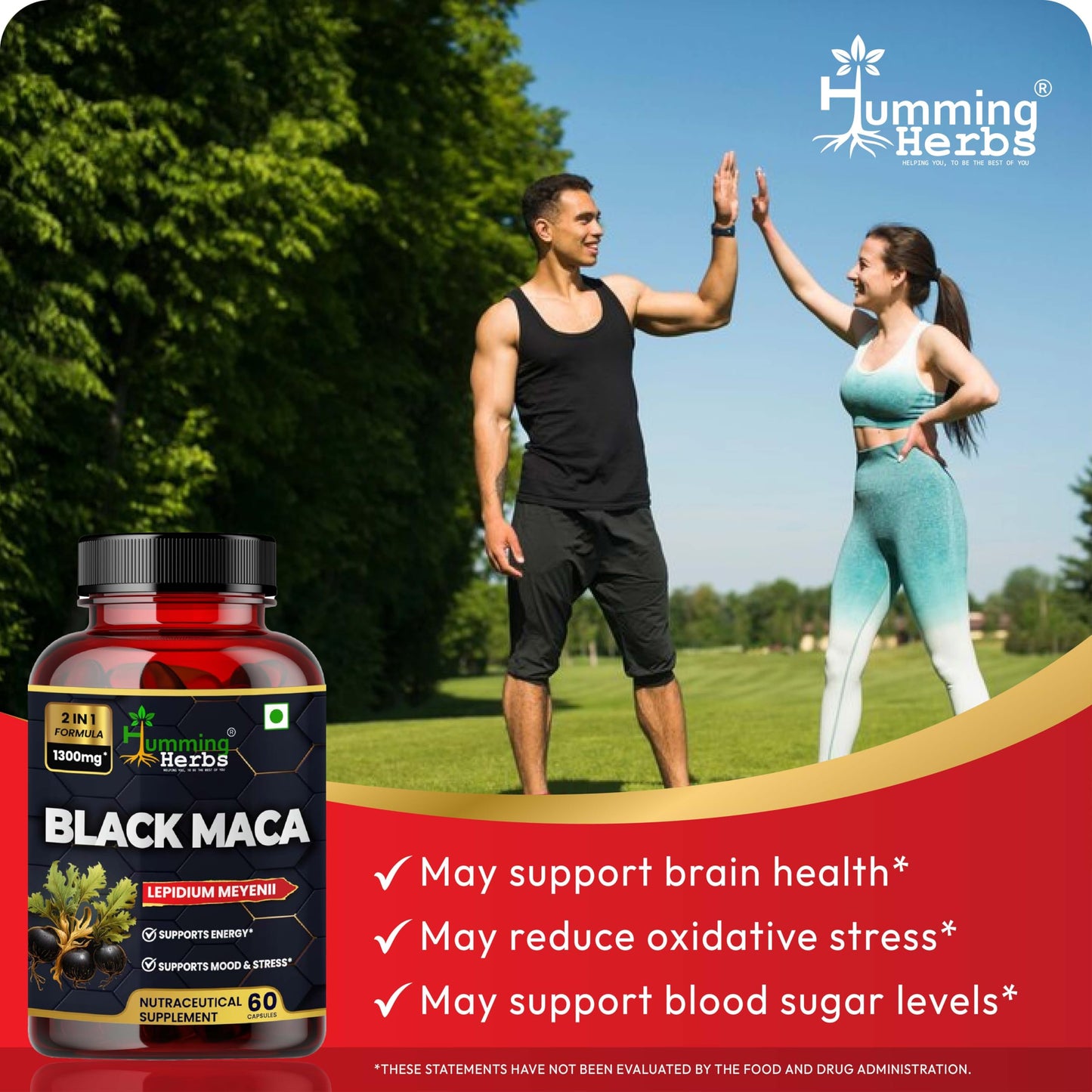 Humming Herbs Black Maca Root Extract 1300mg - Boosts Energy & Stamina, Supports Mood & Hormonal Balance - Men's & Women's Health Supplement