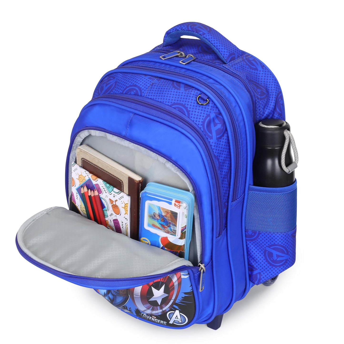 NOVEX Marvel Avengers Kids 17 Inch School Backpack Combo Set - Lunch Box Bag & Stationery Pouch | Trolley Bag with 2 Wheels | Durable Polyester Carry-on Travel & School Bag for Boys - Blue