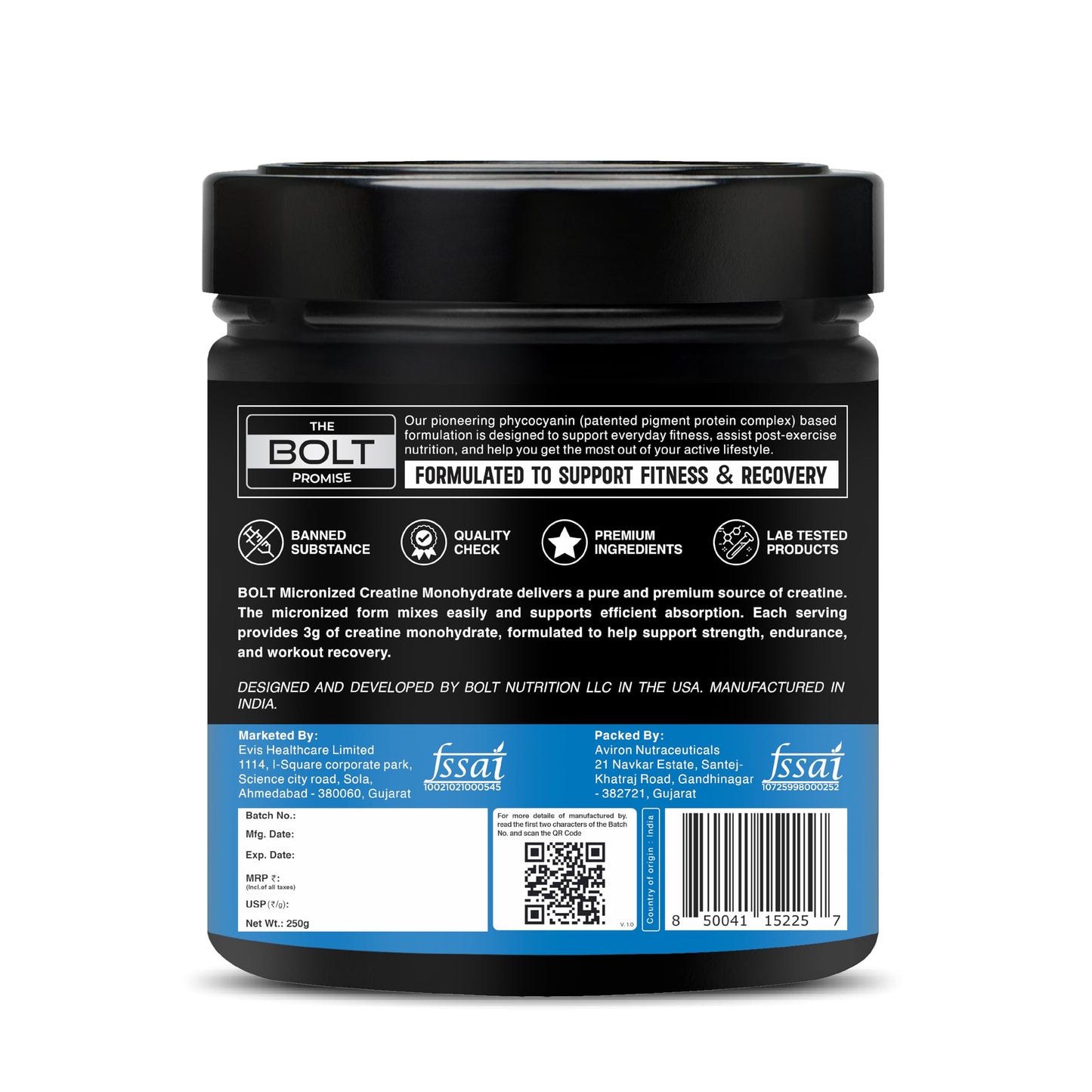 Bolt Micronised Creatine Monohydrate 3000 Powder|With Phycocyanine|Boosts Athletic Performance|Provides Energy Support For Heavy Workout|Formulated In Usa| 250 grams (0.55Lb),83 Serving|Unflavored