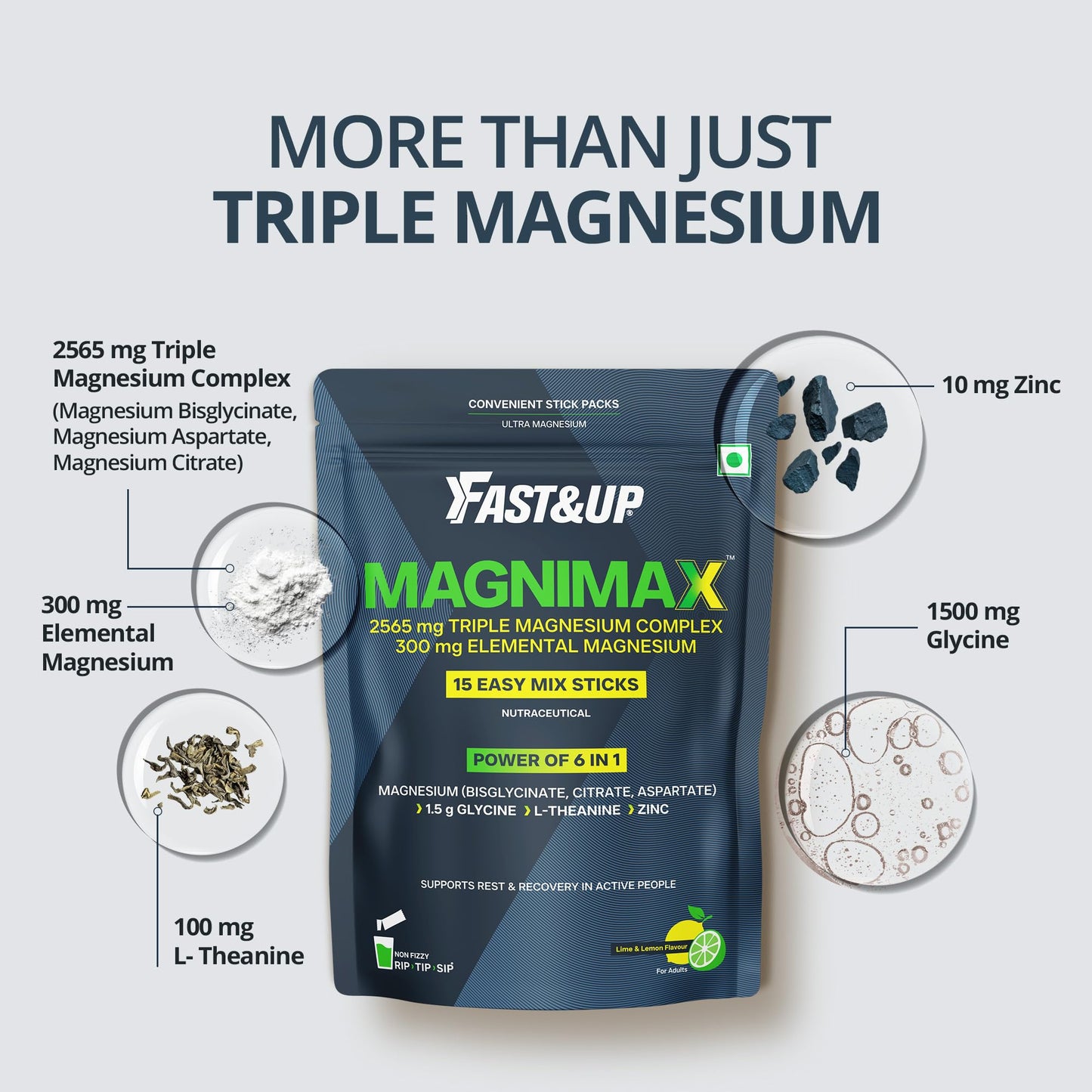 Fast&Up Magnimax - Triple Magnesium Bisglycinate, Citrate, Aspartate | L-Glycine, L-Theanine, Zinc | Power of 6-in-1 | Lime & Lemon Flavour – 15 stick packs in a Pouch