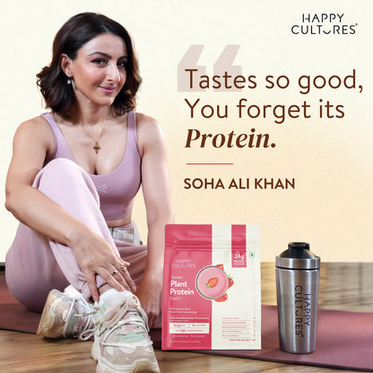 Happy Cultures 24g Tastiest Plant Protein| Mahabaleshwar Strawberry & Almond Chunks| No Added Sugar| Pea & Brown Rice Protein Isolate| Vegan| 20 Complete Amino Acids| Monk Fruit Extract| Women & Men| No Bloating, Easy to Digest| Dairy Free with Probiotics