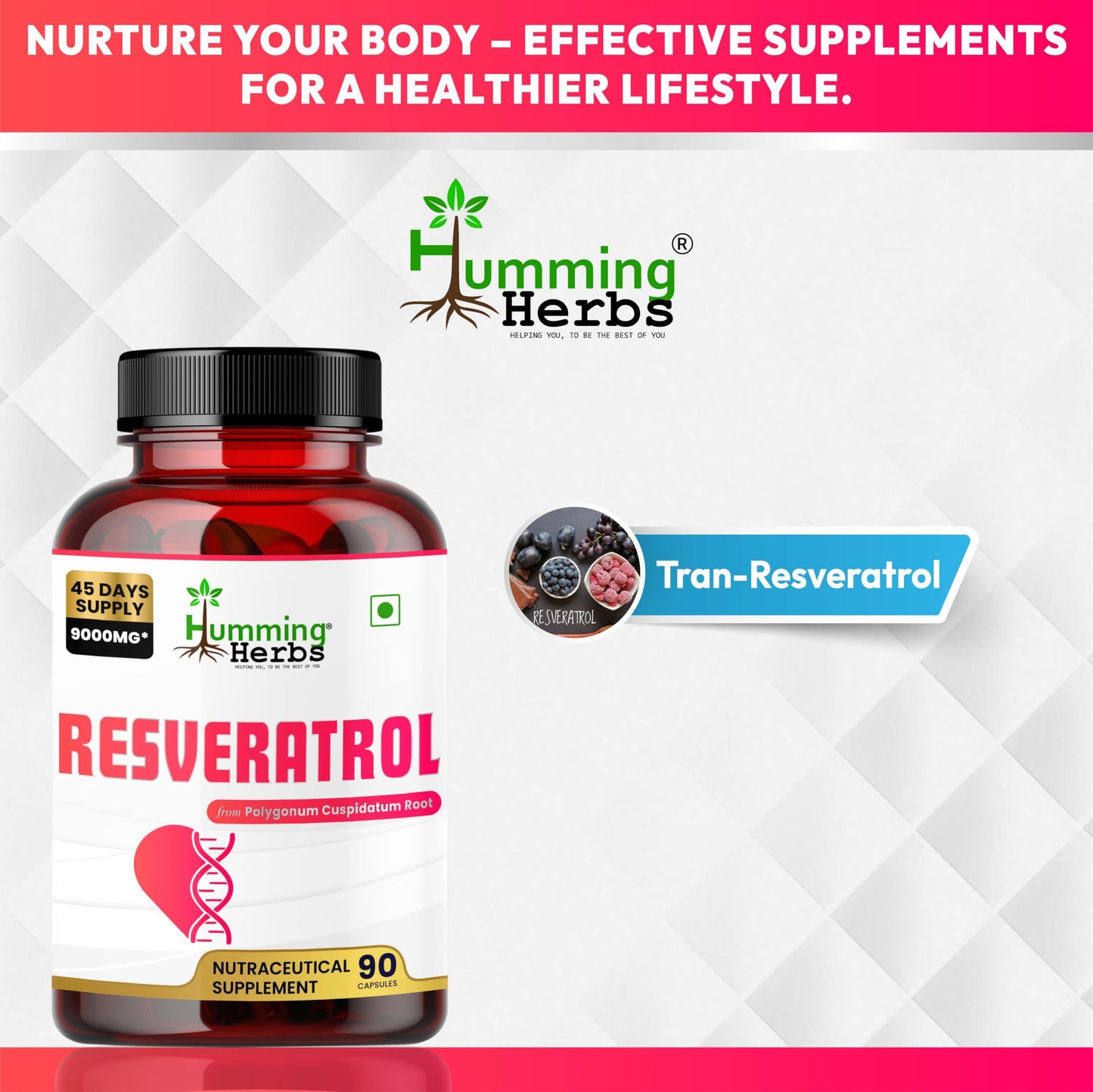 Humming Herbs Resveratrol 9000 mg Capsules | Supports Heart Health, Anti-Inflammatory & Antioxidant Benefits | 45 Days Supply | Vegan, Natural, High Potency | Nutraceutical Supplement - 90 Capsules