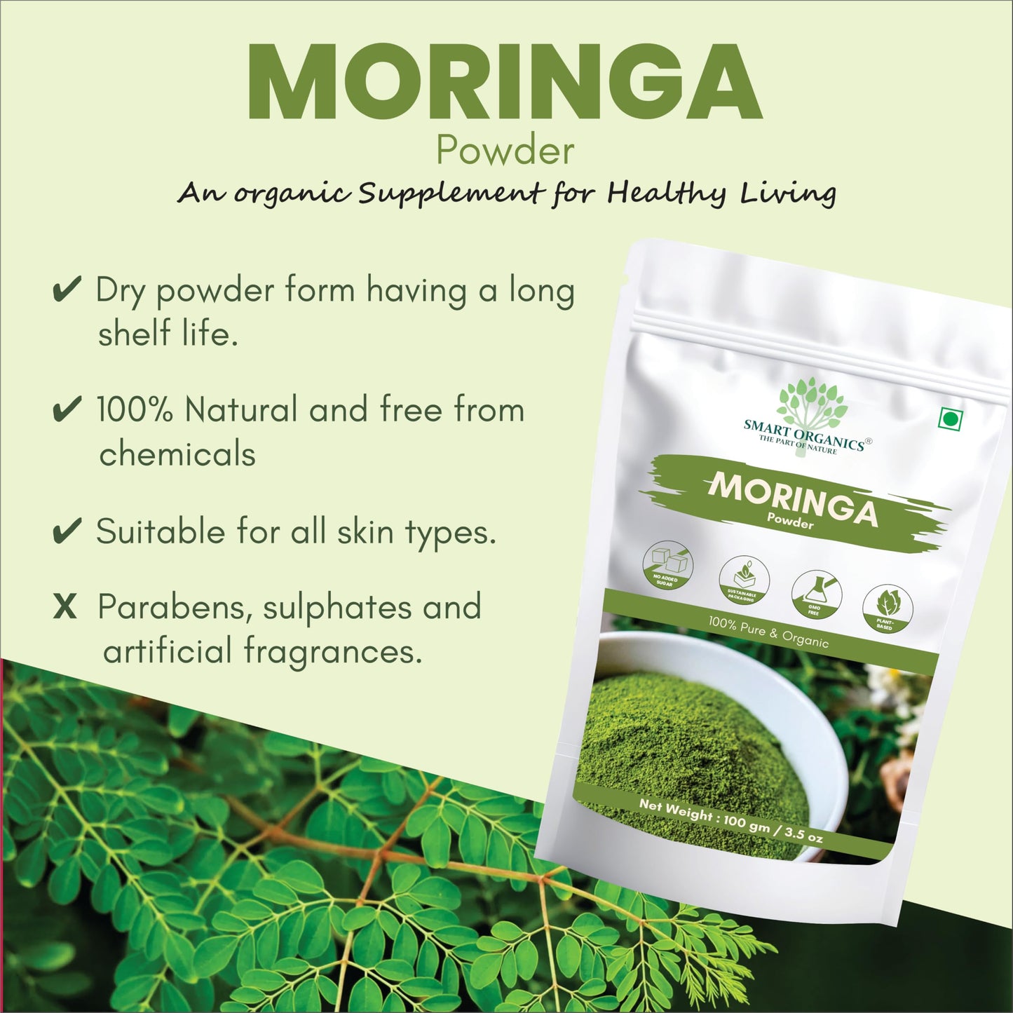 SMART ORGANICS Moringa Powder Herbal Nutrition Plant Based Leaf Supplement for Daily Wellness Energy Support Immunity Nutrition and Balanced Diet (100g)