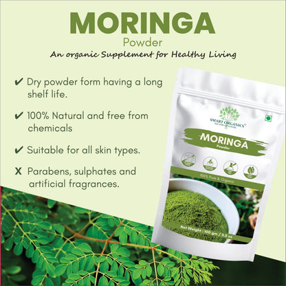 SMART ORGANICS Moringa Powder Herbal Nutrition Plant Based Leaf Supplement for Daily Wellness Energy Support Immunity Nutrition and Balanced Diet (100g)