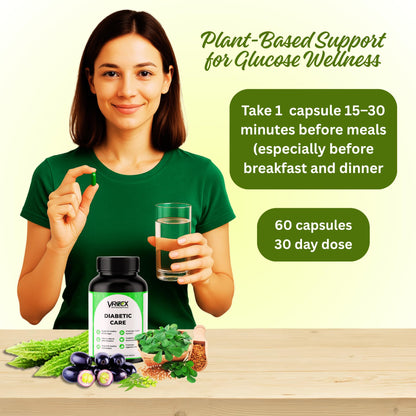 VREEX Diabetic Care Karela Jamun Neem Fenugreek Extract Capsules | Blood Sugar Support & Metabolism Booster | Herbal Wellness Supplement | 60 Veg Capsules
