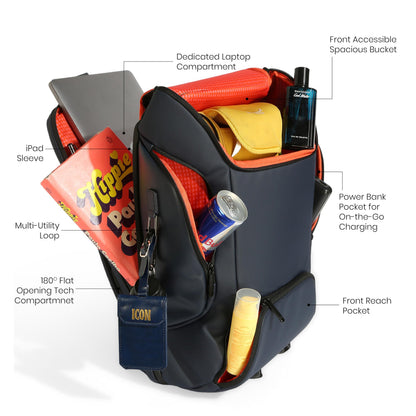 ICON The Iconic Laptop Backpack 30L | Premium Polyester, Fits 15.6" Laptops | USB Charging Port, Luggage Sleeve, Numbered Lock & Hidden Pocket | Water-Resistant, Multipurpose Unisex Laptop Bag - Blue.