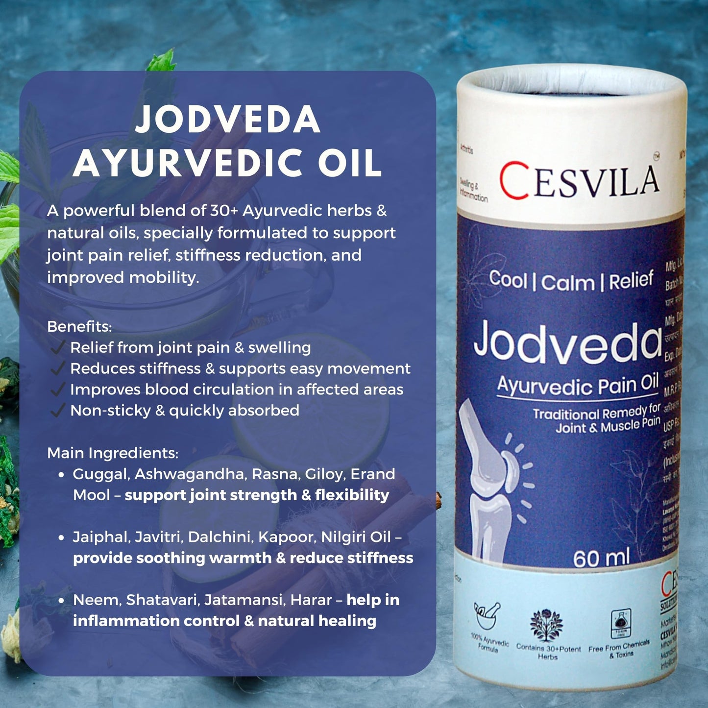Jodveda Ayurvedic Pain Relief Oil 60 ml – Herbal Oil for Joint Pain, Knee Pain, Back Pain, Stiffness & Mobility Support – 30+ Ayurvedic Herbs – Non-Sticky & Quick Absorption