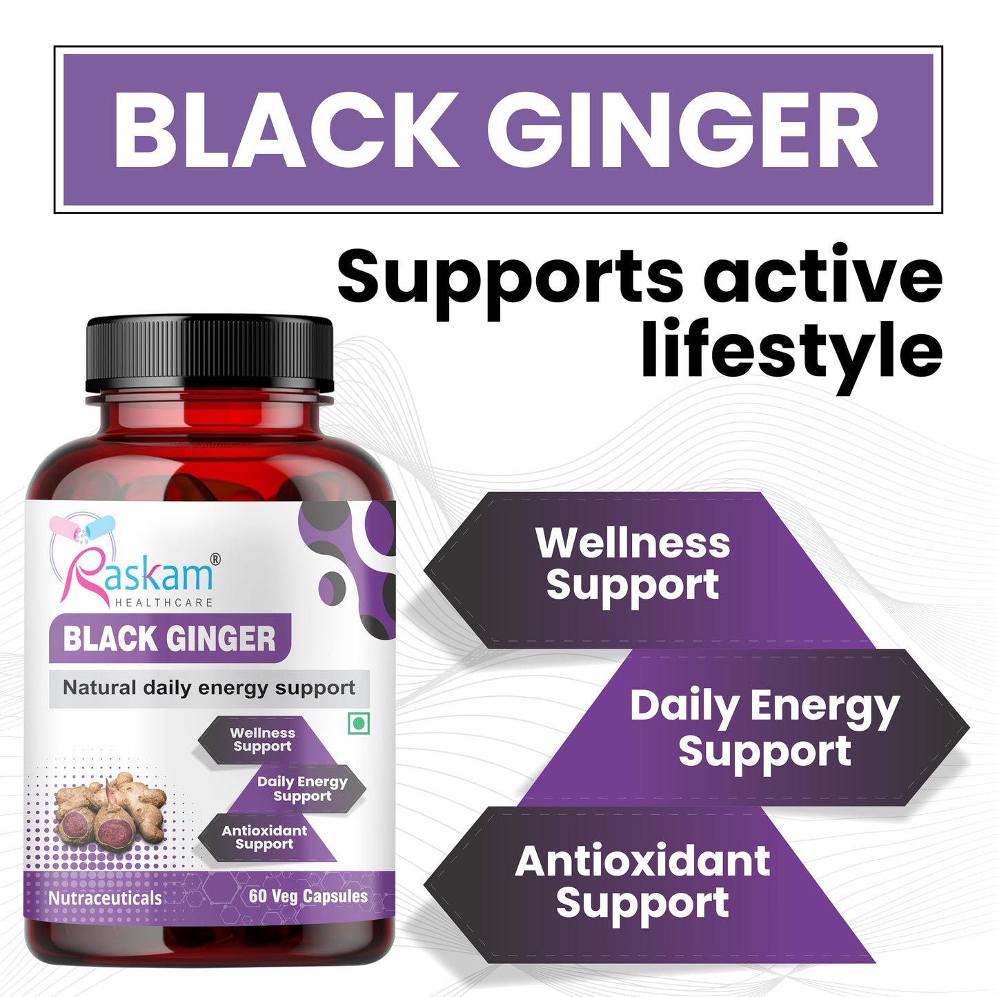 Raskam Black Ginger Capsules, 60 Veg Capsules Each, Improves Circulation, Boosts Energy with Powerful Antioxidants (Pack of 2)