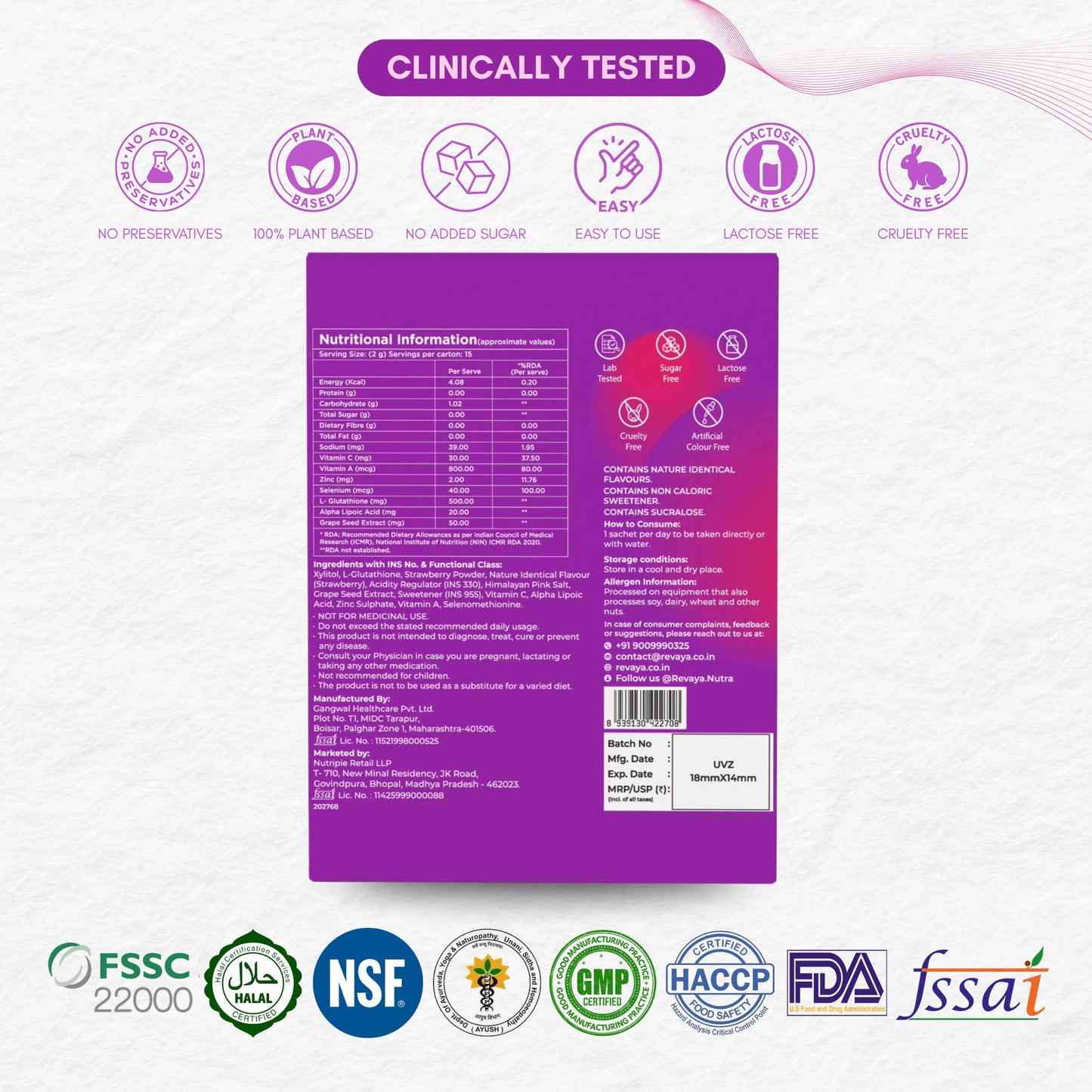 Revaya Skin Reset Plant Based L-Glutathione for Skin Glow, Pigmentation & Dark Spots | Sugar Free, With L-Glutathione Supplement, Vitamin C, Grape Seed Extract | Helps in Skin Brightening, Detox & Collagen Booster | 15 Sachets Strawberry Flavour