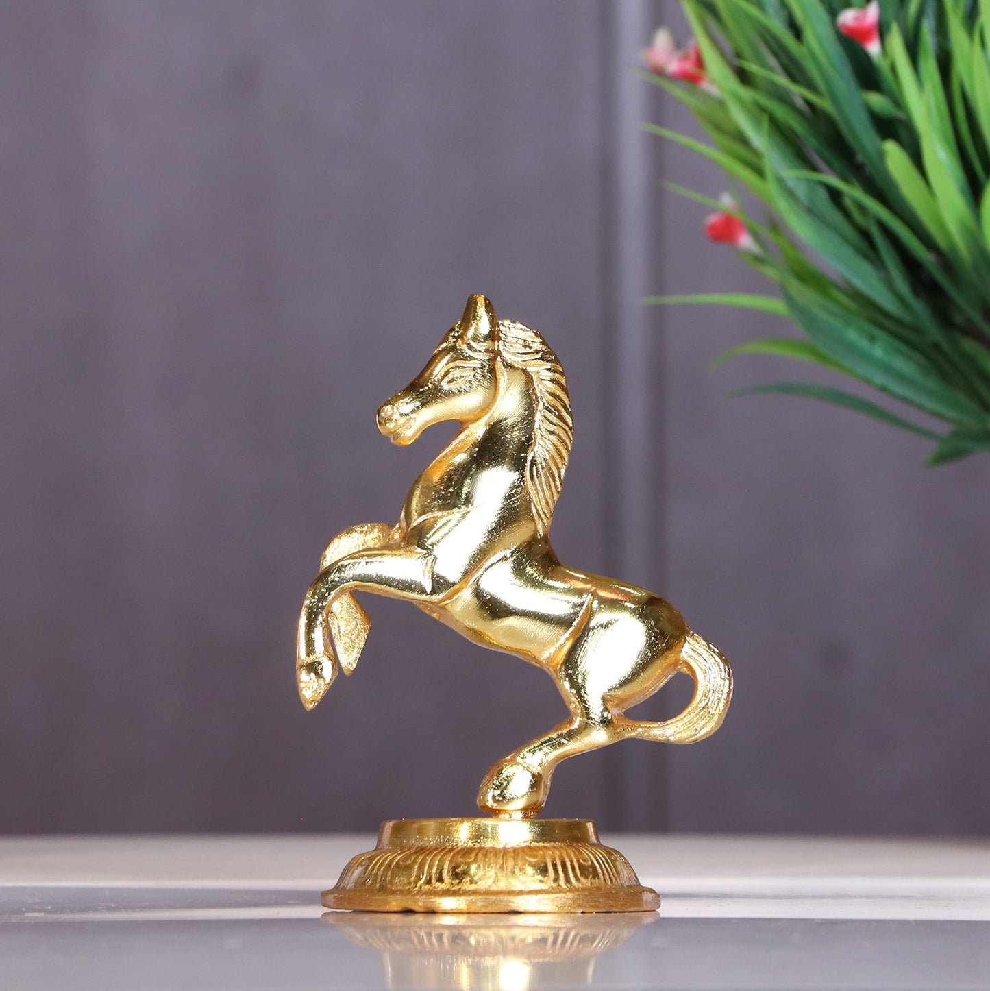 KridayKraft Golden Finish Jumping Horse Metal Statue for Wealth, Income and Brig