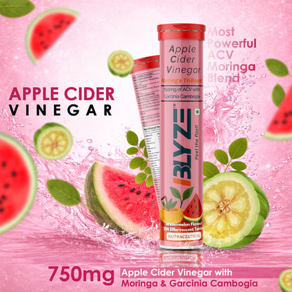 BLYZE ACV Moringa TriBoost, Apple Cider Vinegar 750mg with Moringa, Control Cravings and Weight Management, No Added Sugar, Effervescent Tablets, Watermelon Flavour, Pack of 1 (15 Tablets)