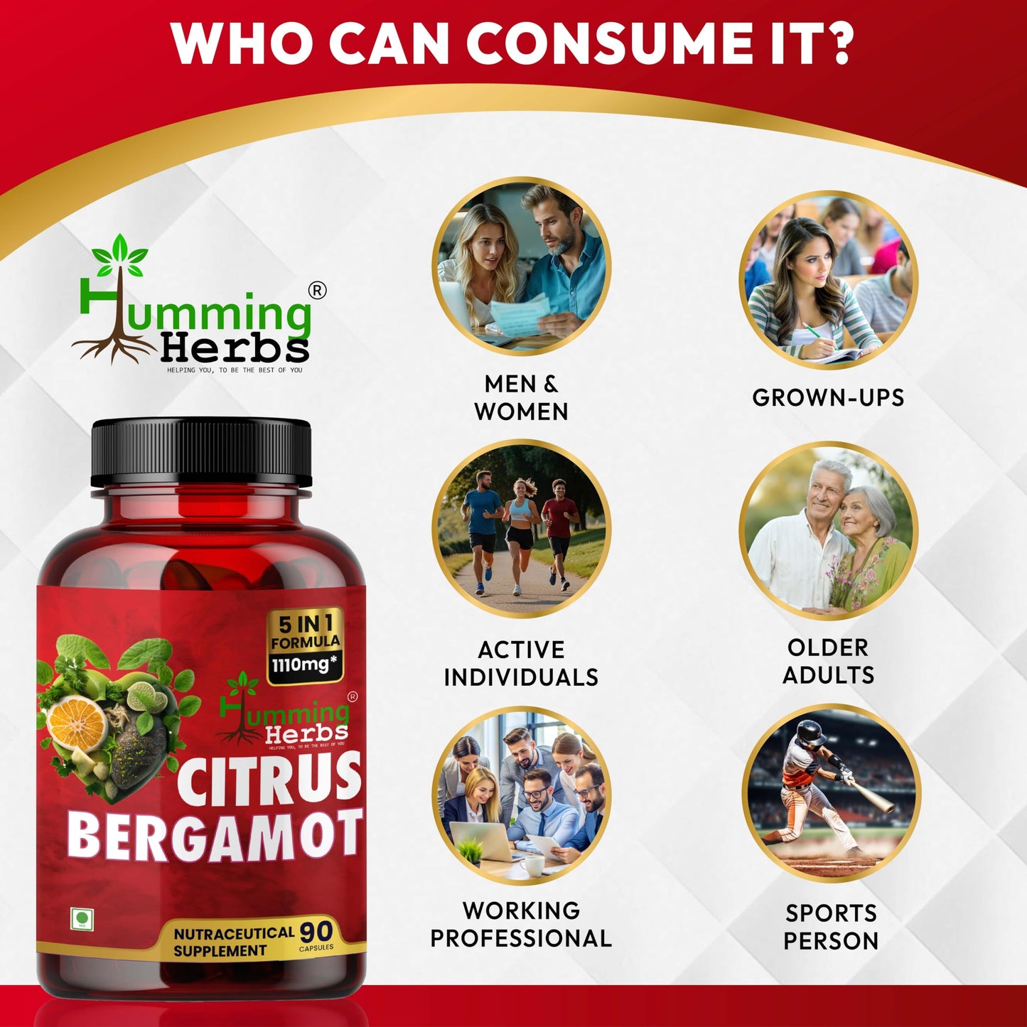 Humming Herbs Citrus Bergamot Capsules 15500mg | Supports Healthy Cholesterol & Heart Function | Enriched with Black Chokeberry, Olive Leaf & Black Pepper | 180 Veg Capsules | Pack Of 2