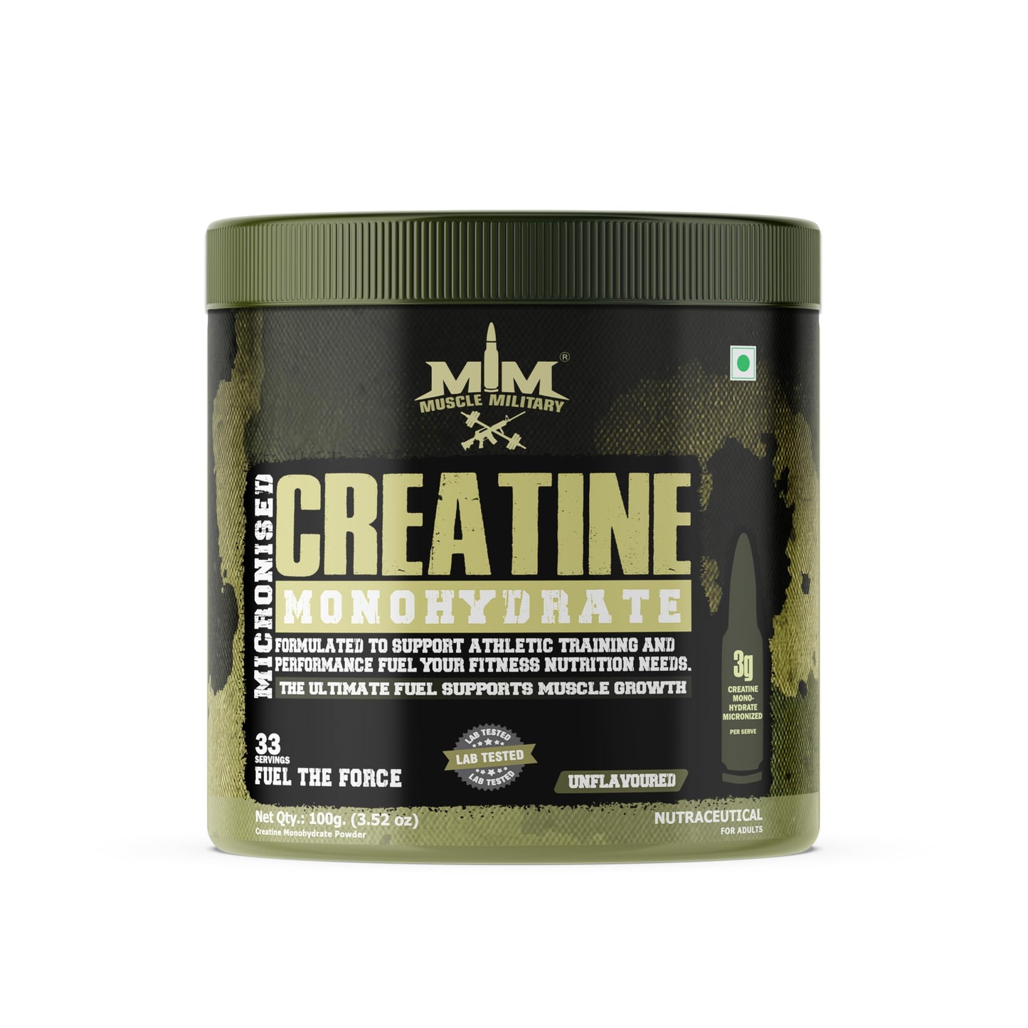 Muscle Military Creatine Monohydrate Micronized | 100g (33 Servings) | Unflavoured | 3g Per Serving | Lab-Tested Muscle Strength & Recovery Supplement | Performance Booster for Men & Women