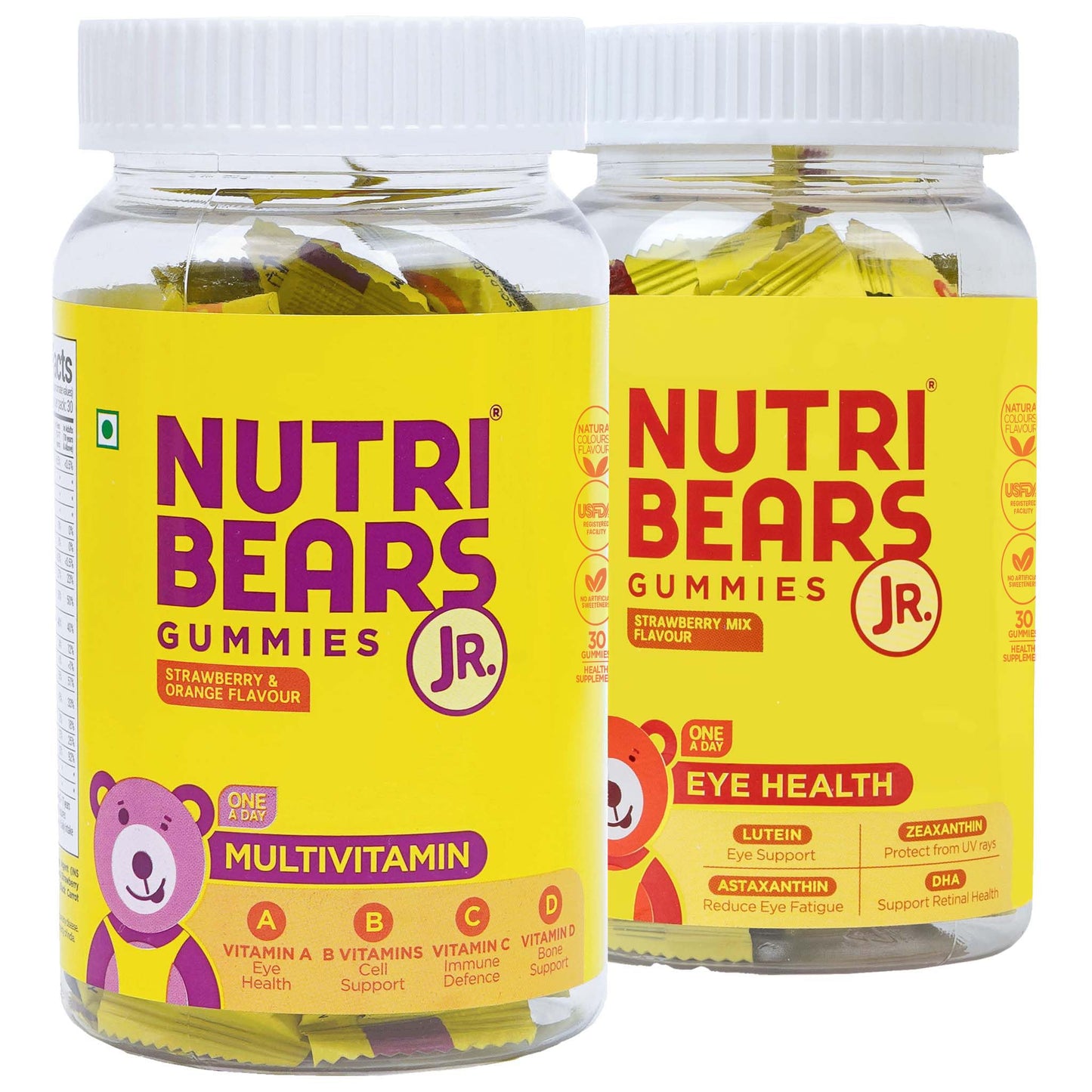 NutriBears Kids Multivitamin and Eye Health Combo, Vitamins A, C, B, and D with Zinc, Soft Chewable Gummies with Lutein, DHA, and Zeaxanthin for Ocular Support, Daily Supplement, 60 Gummy Bears
