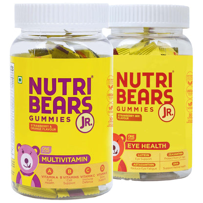NutriBears Kids Multivitamin and Eye Health Combo, Vitamins A, C, B, and D with Zinc, Soft Chewable Gummies with Lutein, DHA, and Zeaxanthin for Ocular Support, Daily Supplement, 60 Gummy Bears