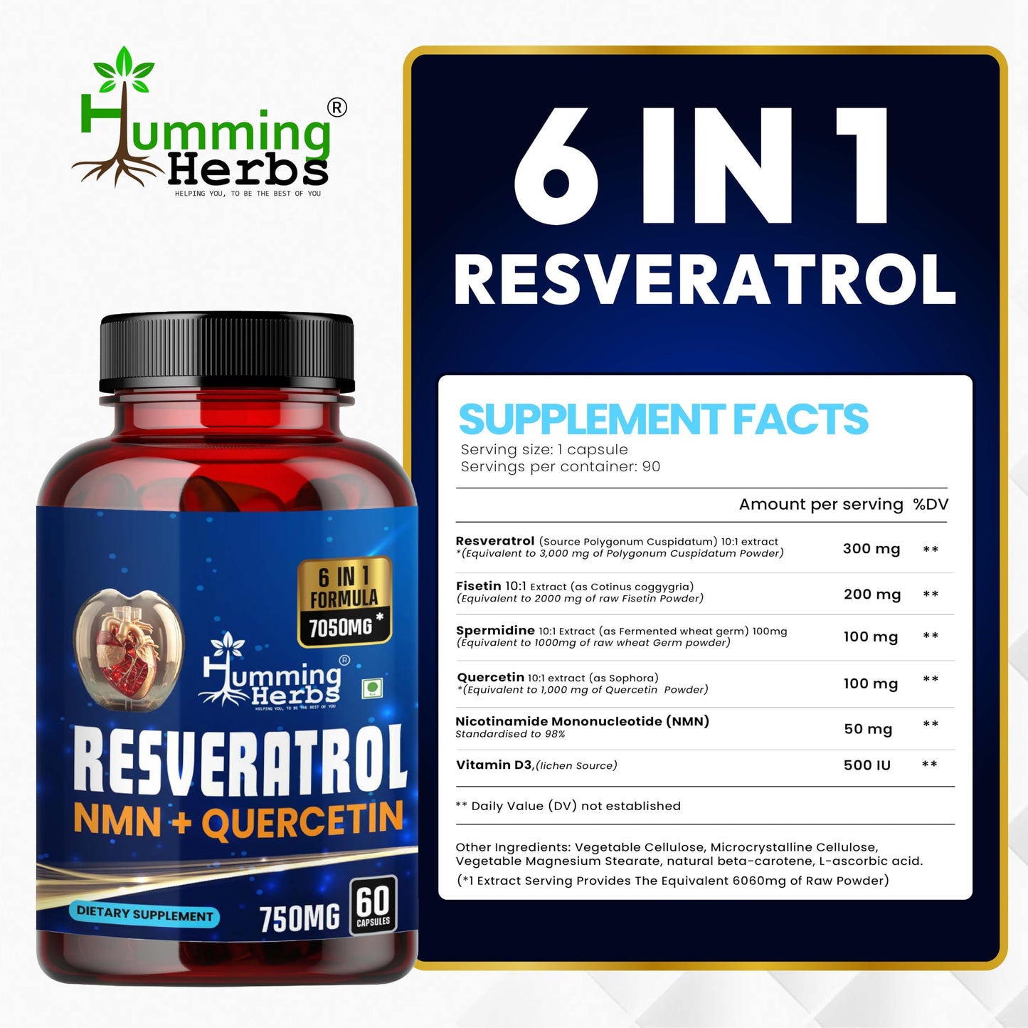 Humming Herbs Trans-Resveratrol 98% (High Purity & Bioavailable) with NMN, Quercetin, Fisetin & Spermidine – Antioxidant Support for Heart & Circulatory Wellness, Cellular Energy & Healthy Aging – 90 Vegetarian Caps