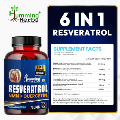 Humming Herbs Trans-Resveratrol 98% (High Purity & Bioavailable) with NMN, Quercetin, Fisetin & Spermidine – Antioxidant Support for Heart & Circulatory Wellness, Cellular Energy & Healthy Aging – 90 Vegetarian Caps