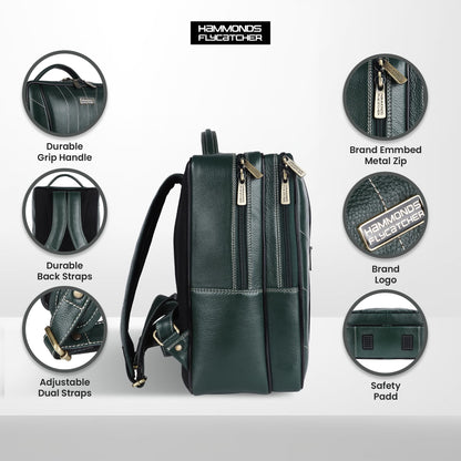 HAMMONDS FLYCATCHER Genuine Leather Laptop Backpack for Men and Women - Stylish, Spacious Bag with Multiple Compartments, Perfect for College, Work, and Travel - Upto 16 Inch Laptop - Sea Green