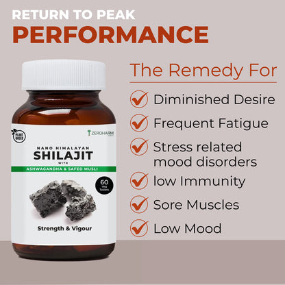 ZEROHARM Nano Himalayan Shilajit With Ashwagandha, Safed Musli & Goksura 60 Veg Tablets, Energy Booster, Stamina, Vigour, Endurance & Performance supplements