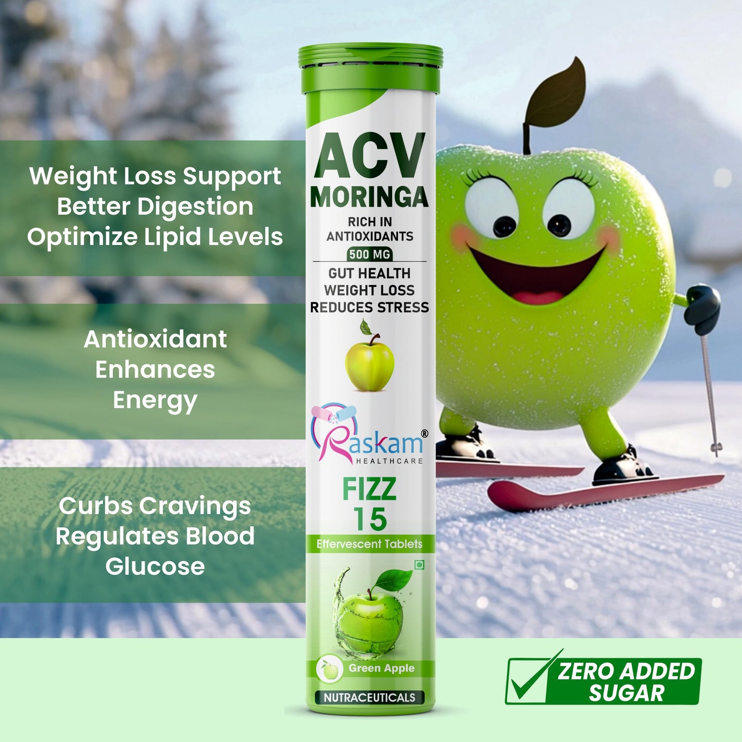 ACV Moringa Effervescent Tablets 500mg Apple Cider Vinegar with Moringa No Added Sugar for Gut Health Weight Loss Green Apple Flavor Pack of 4 (15 Tablets Each)