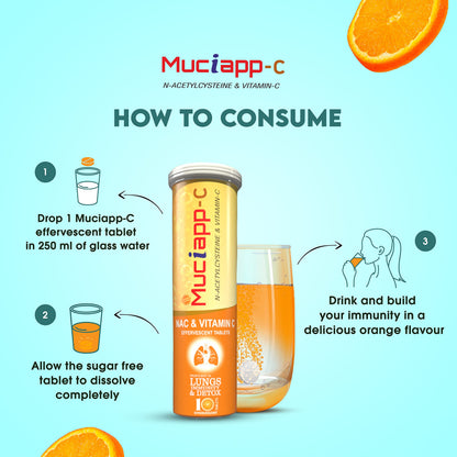 Muciapp NAC & Vitamin C - 10 Tablets (Pack Of 1) | N-Acetylcysteine 600mg |For Men & Women | Powerful Antioxidant & Lung Detox Support | Immune Booster for Respiratory Health, Liver Cleanse