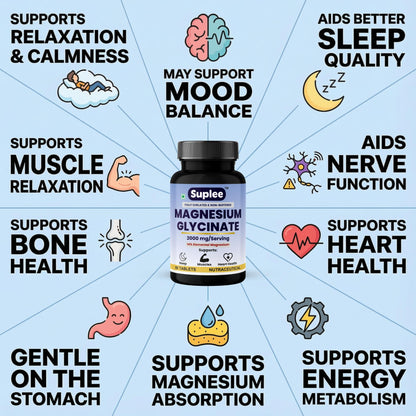 Suplee Magnesium Glycinate 2000mg per Serving | Fully Chelated Non-Buffered Bisglycinate (282mg Elemental Yield) | Supports Deep Sleep, Muscle Recovery & Heart Health | Gentle on Stomach | 60 Vegetarian Tablets