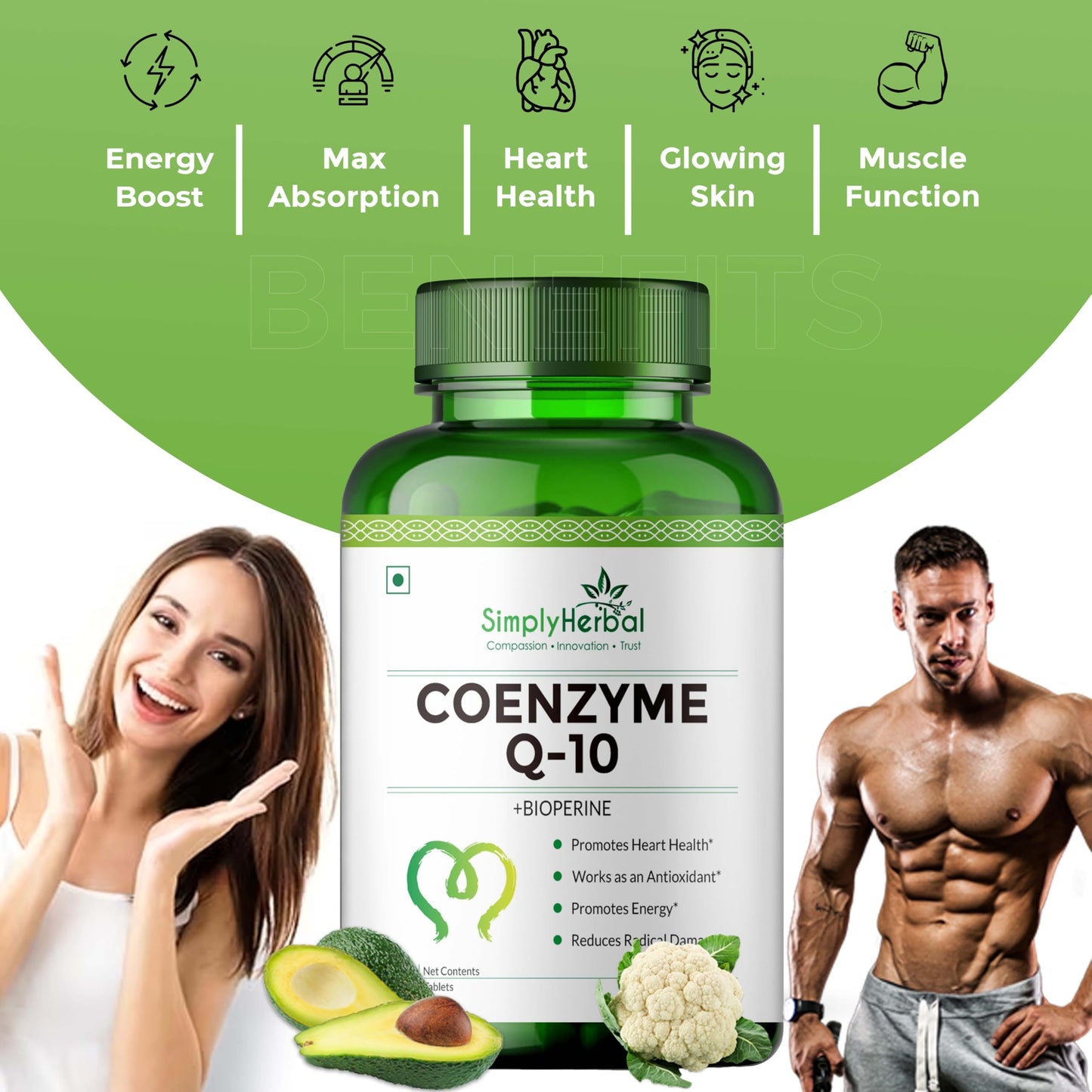 Simply Herbal CoQ10 Natural Coenzyme Q10 Tablets 200mg with Bioperine Antioxidant Supplements, Provide Superior Absorption, Supplement for Heart Health and Energy Metabolism - 60 Tablets