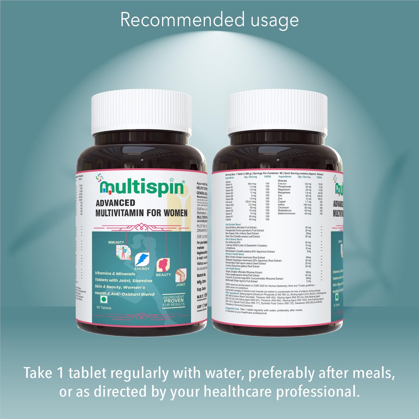 Multispin Advanced Multivitamin for Women (60 Tablets) | With 40 Clinically Researched Ingredients | For Glowing Skin, Shining Hair, Growing Nails, Energy, Immunity and Joint, PCOD, PCOS