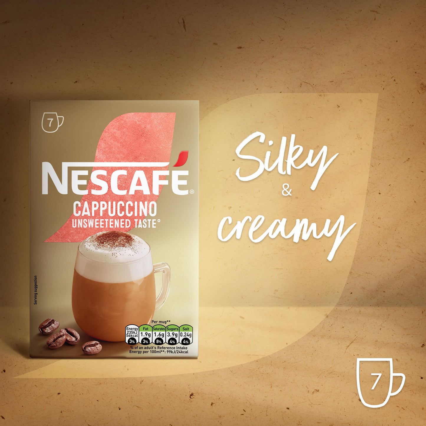 NESCAFÉ Cappuccino Unsweetened Instant Coffee 7 Sachets, 100percent Responsibly Sourced Coffee Pack of 1