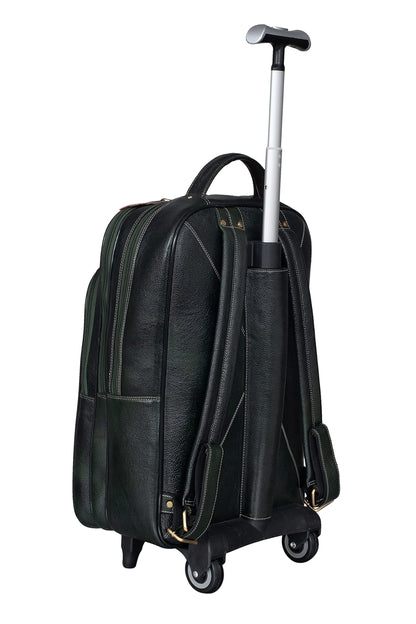 BRAND LEATHER Rolling Backpack Wheeled Laptop Backpack for Travel, Carryon Trolley Luggage Suitcase Compact Business Bag Student Laptop Bag for Men Women (Green)