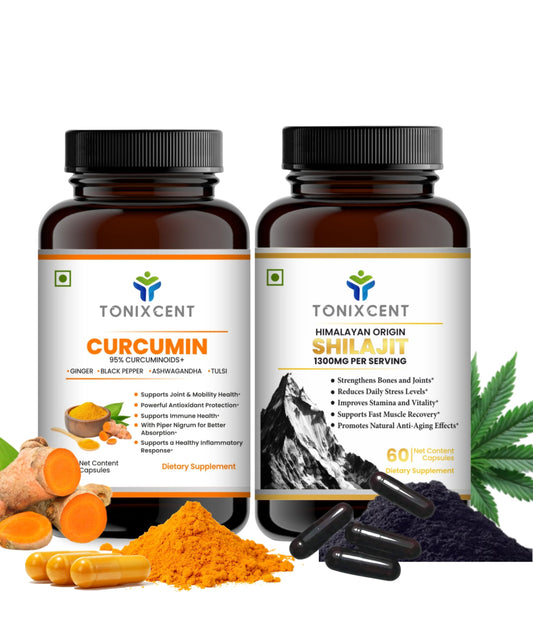 TONIXCENT Healthy Aging Pair | Curcumin & Shilajit Capsules | Reduces Inflammation, Boosts Stamina & Joint Health | 60+60 Vegan Capsules