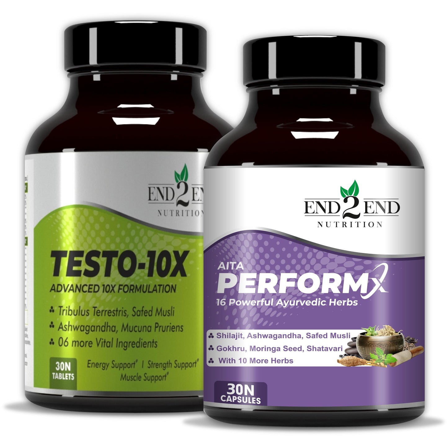 End2End Nutrition Testo-10X and PerformX Natural Testosterone Booster Supplement for Men with Shilajit, Tribulus, Ashwagandha, Safed Musli | Strength, Stamina and Performance (Combo Pack) - 30x2 N