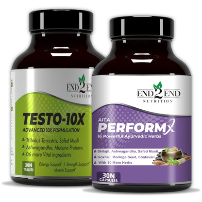 End2End Nutrition Testo-10X and PerformX Natural Testosterone Booster Supplement for Men with Shilajit, Tribulus, Ashwagandha, Safed Musli | Strength, Stamina and Performance (Combo Pack) - 30x2 N