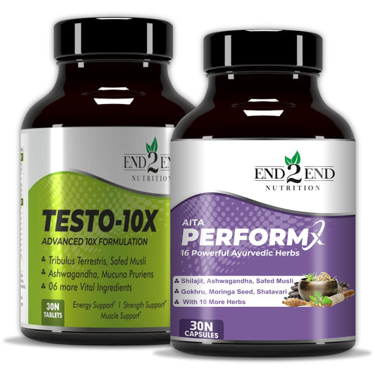 End2End Nutrition Testo-10X and PerformX Natural Testosterone Booster Supplement for Men with Shilajit, Tribulus, Ashwagandha, Safed Musli | Strength, Stamina and Performance (Combo Pack) - 30x2 N